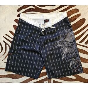 Vintage Y2K Miami Ink Board Shorts Swim Black Pin Stripe size 38 Graphic